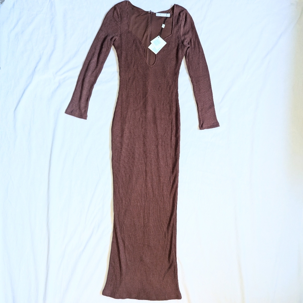 Womens By Egreis Maxi Dress Bodycon Ribbed Long Sleeve Notch Neck Zipper NWT